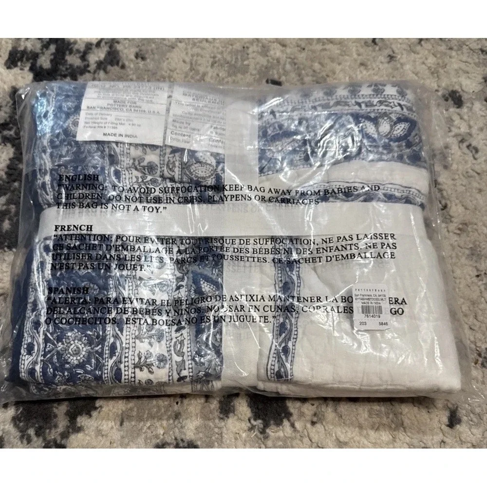 One Pottery Barn Kayta Block Print Sham Standard Quilted Blue White New